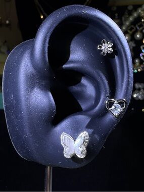 Silver Butterfly, Heart & Flower Trio Stud Earring Set - multiple piercings